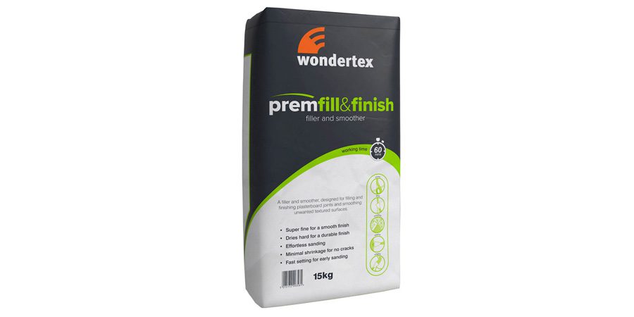 A package of Wondertex Premier Fill & Finish 15kg, which is a building material likely used for filling and finishing plasterboard joints or smoothing surfaces.