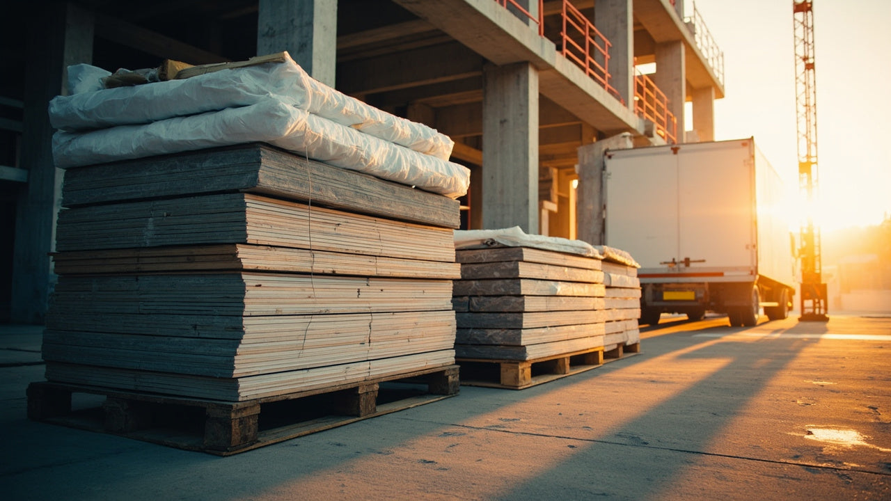 stacked insulation and plasterboards on site beside delivery van in morning light