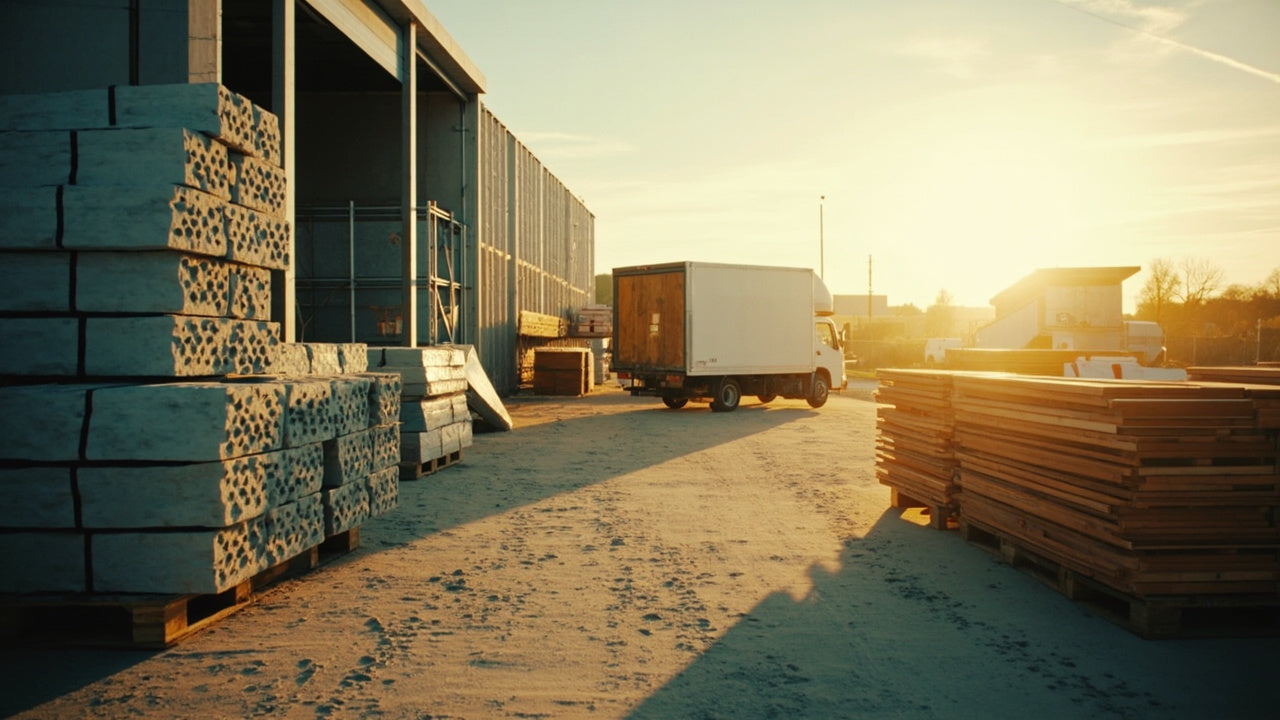 stacked insulation rolls and plasterboards on pallets at a uk building site