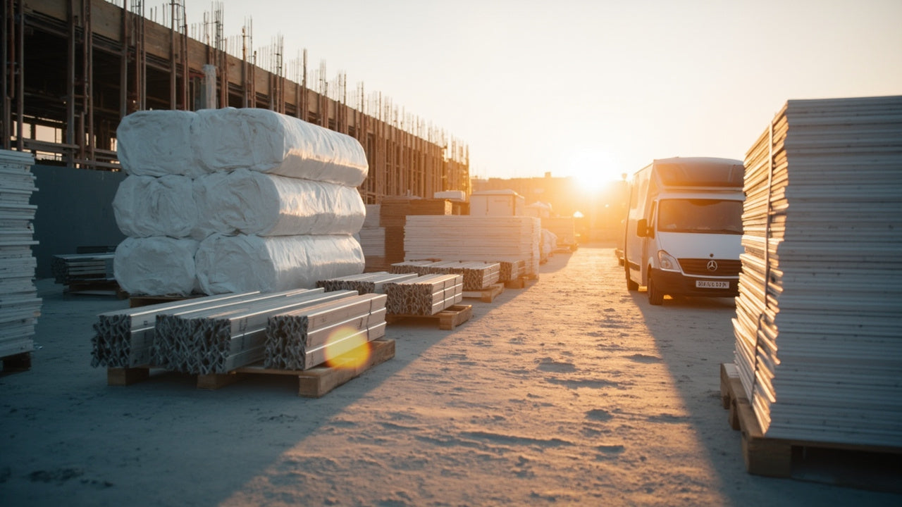 stacked insulation, plasterboards and metal studs on uk site in morning light