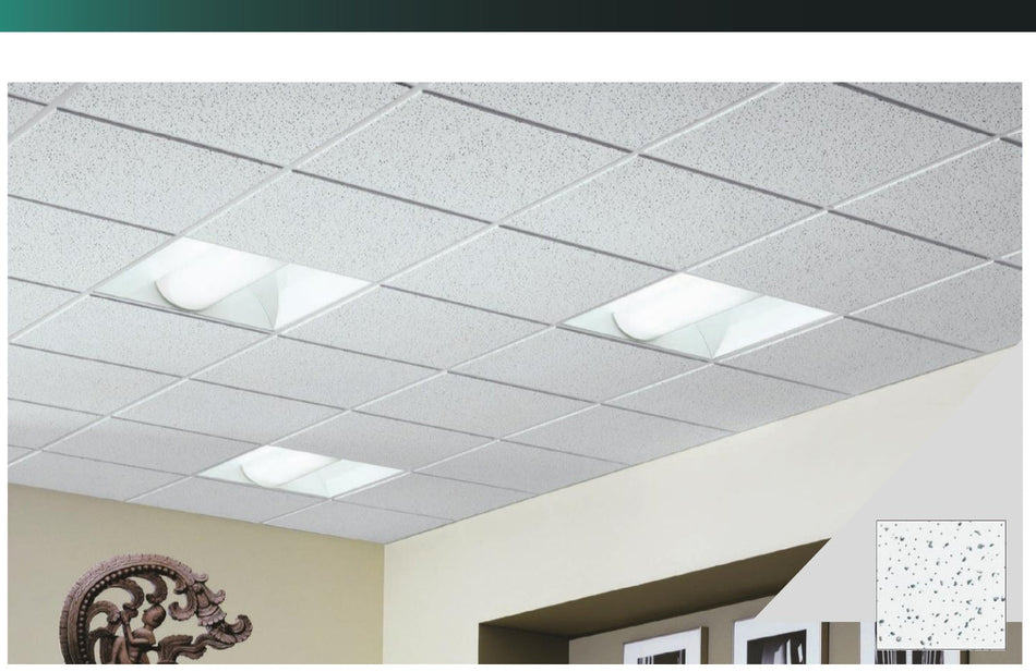 Fissured mineral fibre suspended ceiling tile installed in commercial ceiling