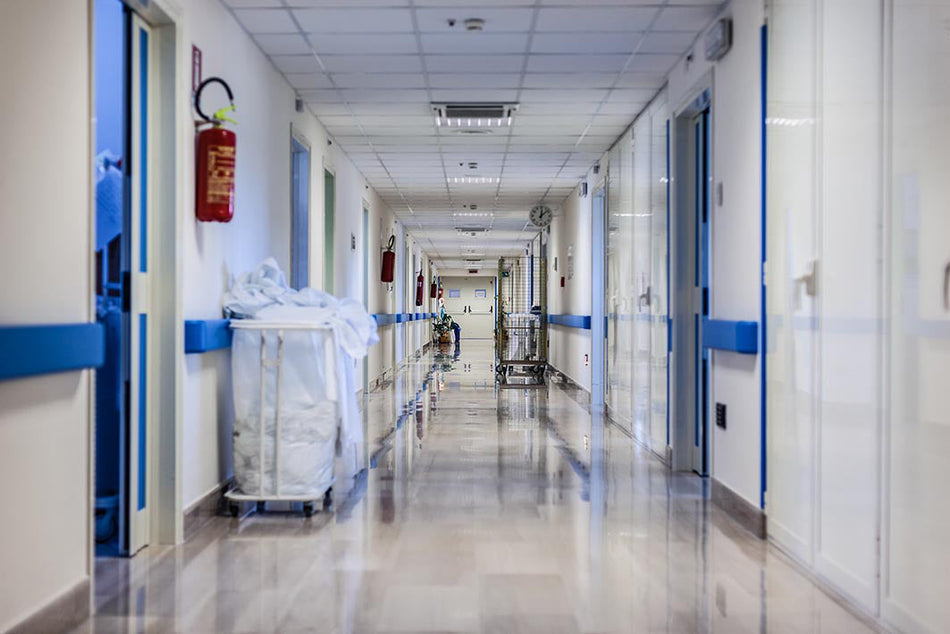 Healthcare stone wool ceiling tile installed in hospital corridor
